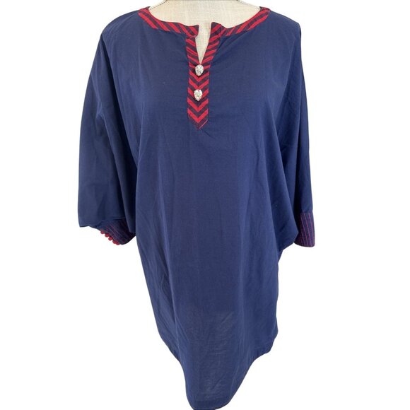 The Working Women Navy Blue 3/4 Sleeve Tunic Dress W/ Red Embroidery & Button De - Picture 1 of 12
